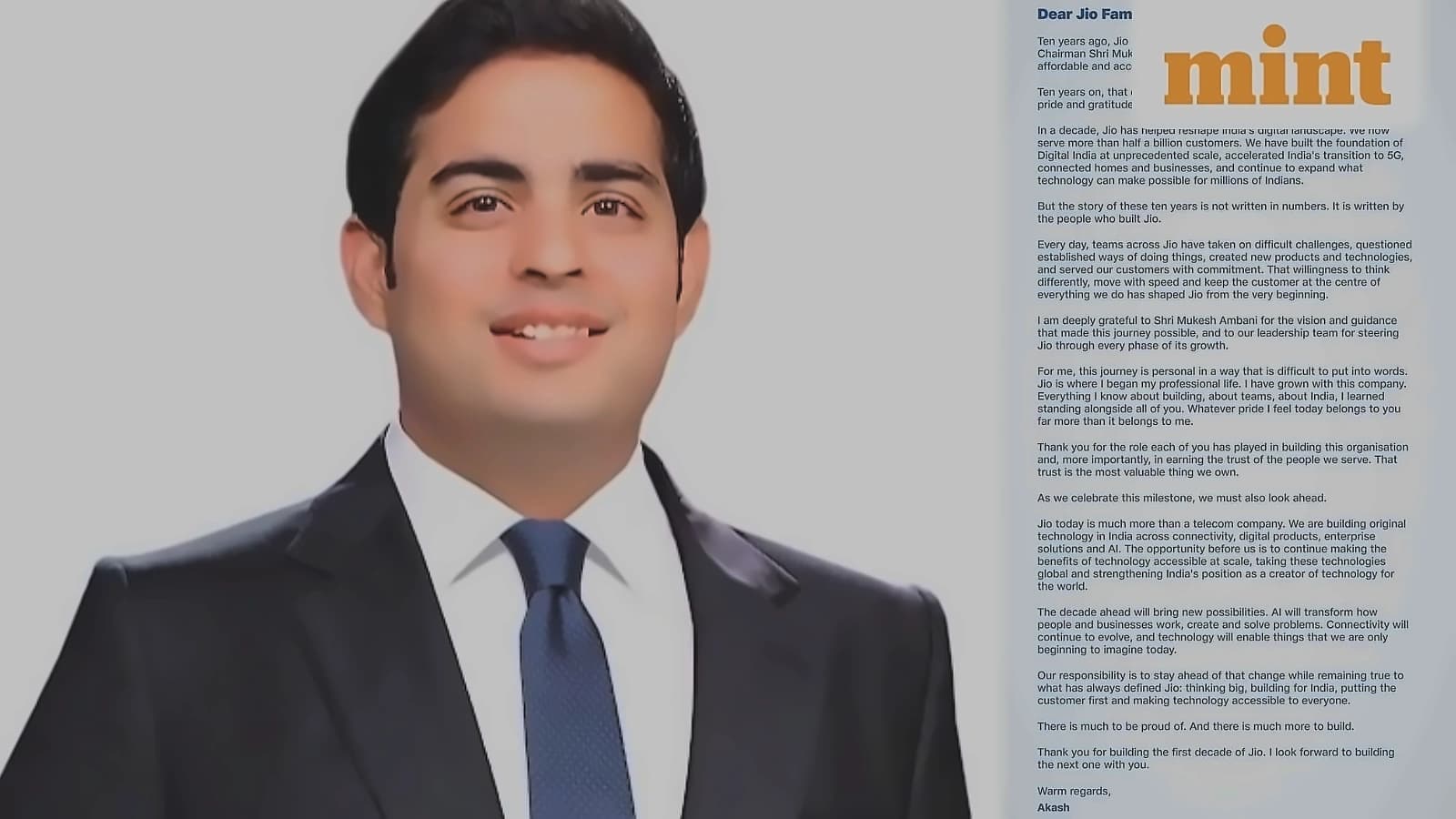 Jio completes 10 years, Akash Ambani thanks employees