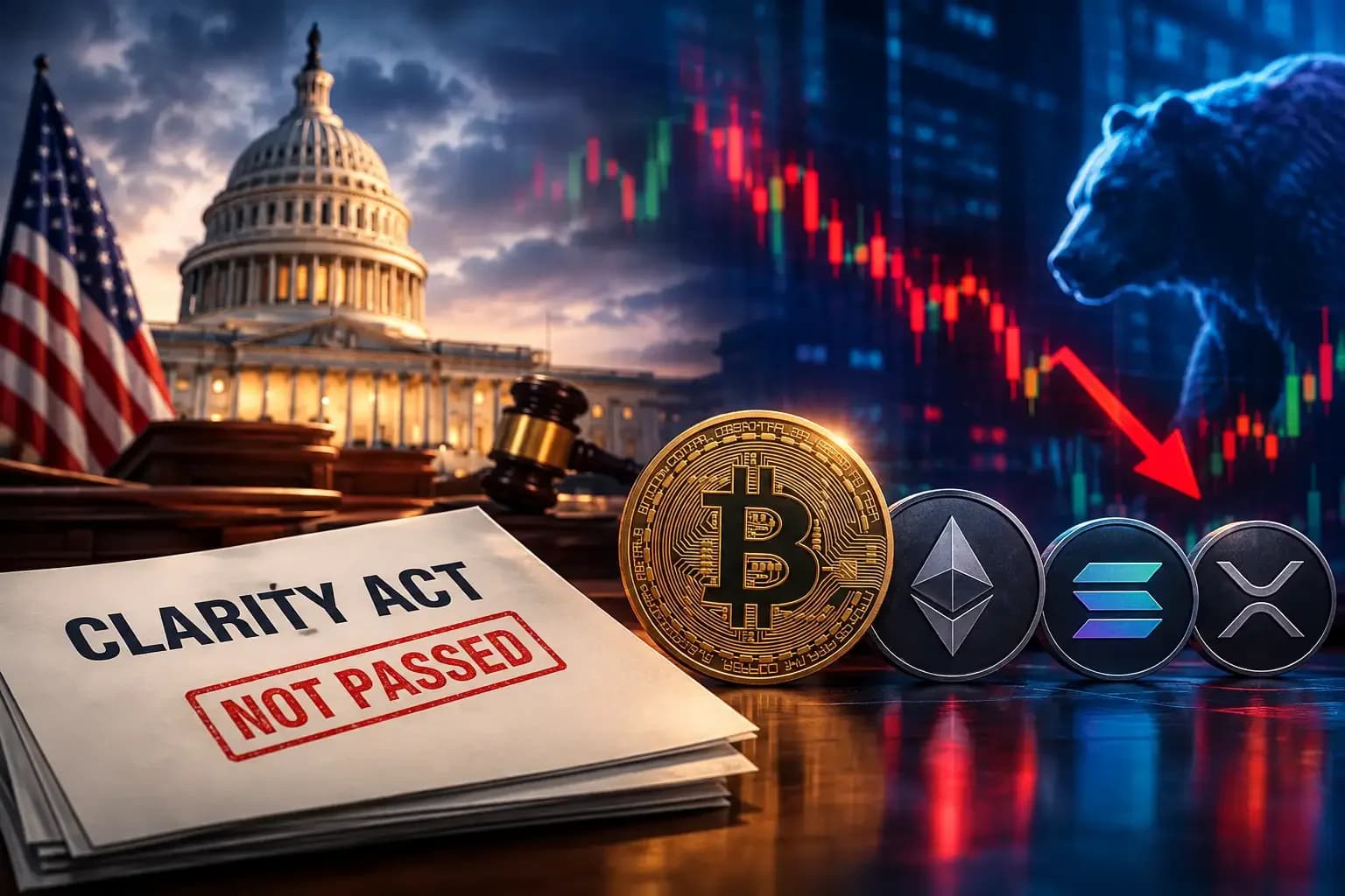 Bitcoin drops below $76K after CLARITY Act fails 49-50 vote, sentiment shifts to FUD